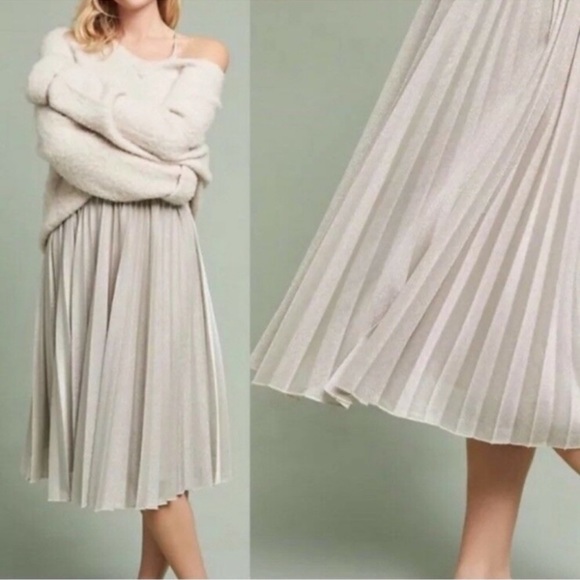 NWT Anthropologie Elevenses Dress Lunar Pleated Silver Sparkle Midi Straps 14 - Picture 3 of 8